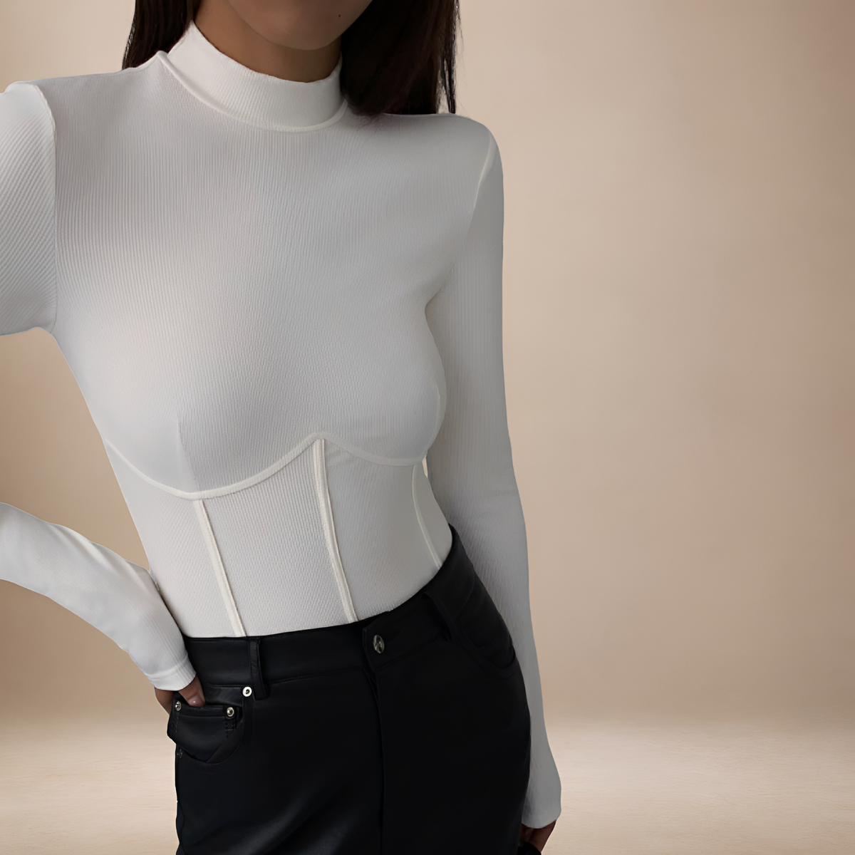 Long Sleeve T-Shirt for Women - Mock Neck, Corset Design, Slim Fit