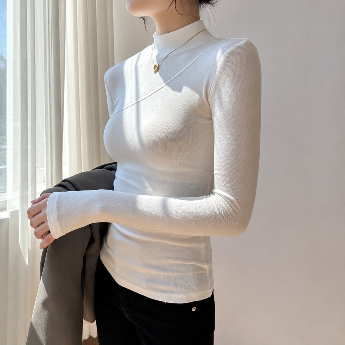 Long Sleeve T-Shirt Women Mock Neck Asymmetrical Design Slim Fit