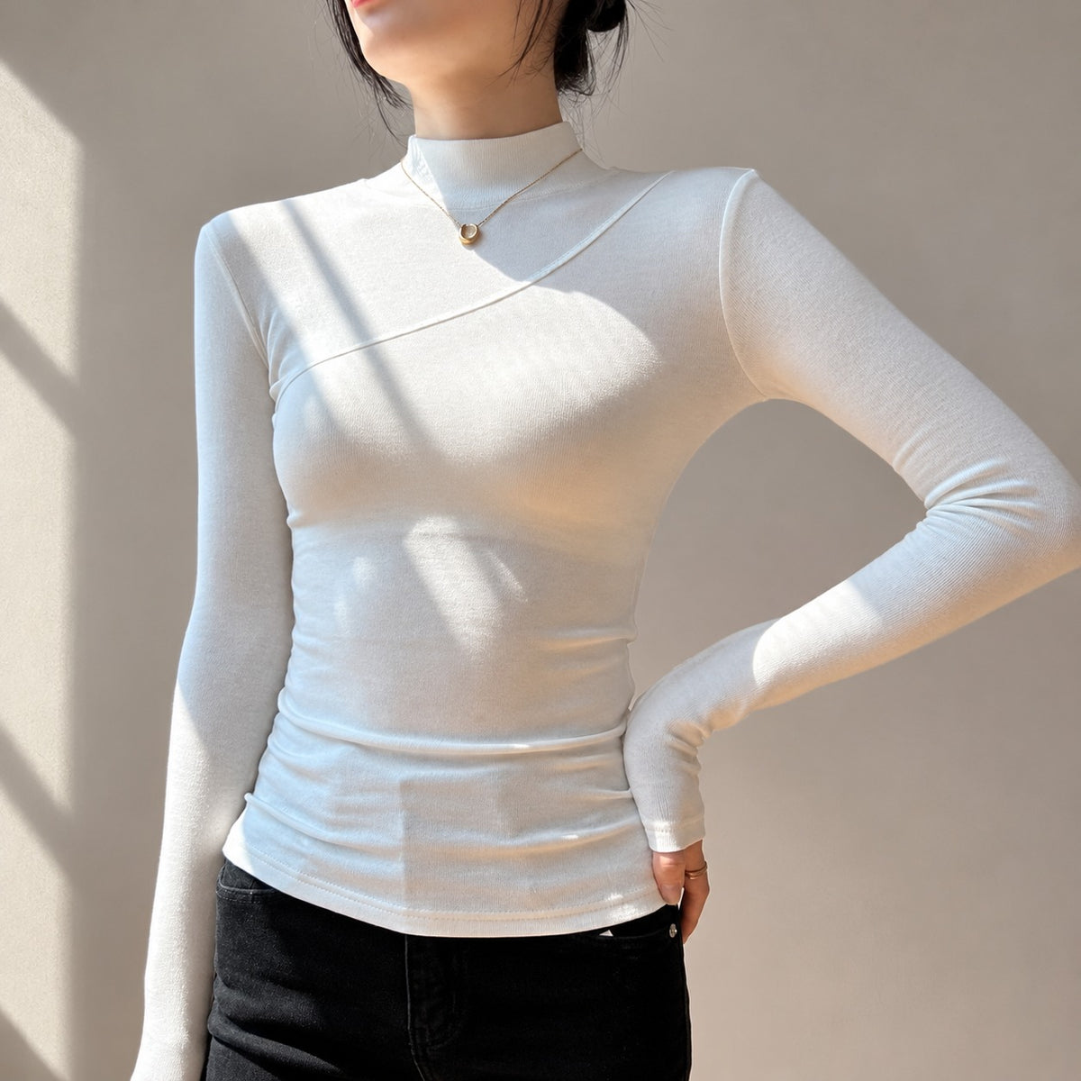 Long Sleeve T-Shirt Women Mock Neck Asymmetrical Design Slim Fit