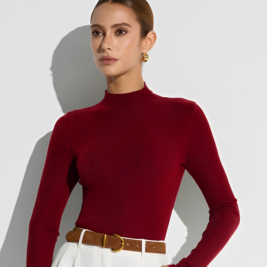 Long Sleeve Top for Women - Mock Neck, Ribbed Design, Slim Fit