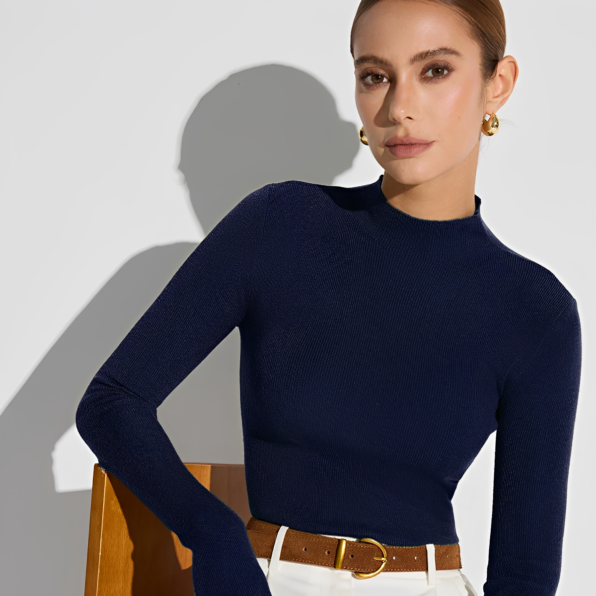 Long Sleeve Top for Women - Mock Neck, Ribbed Design, Slim Fit