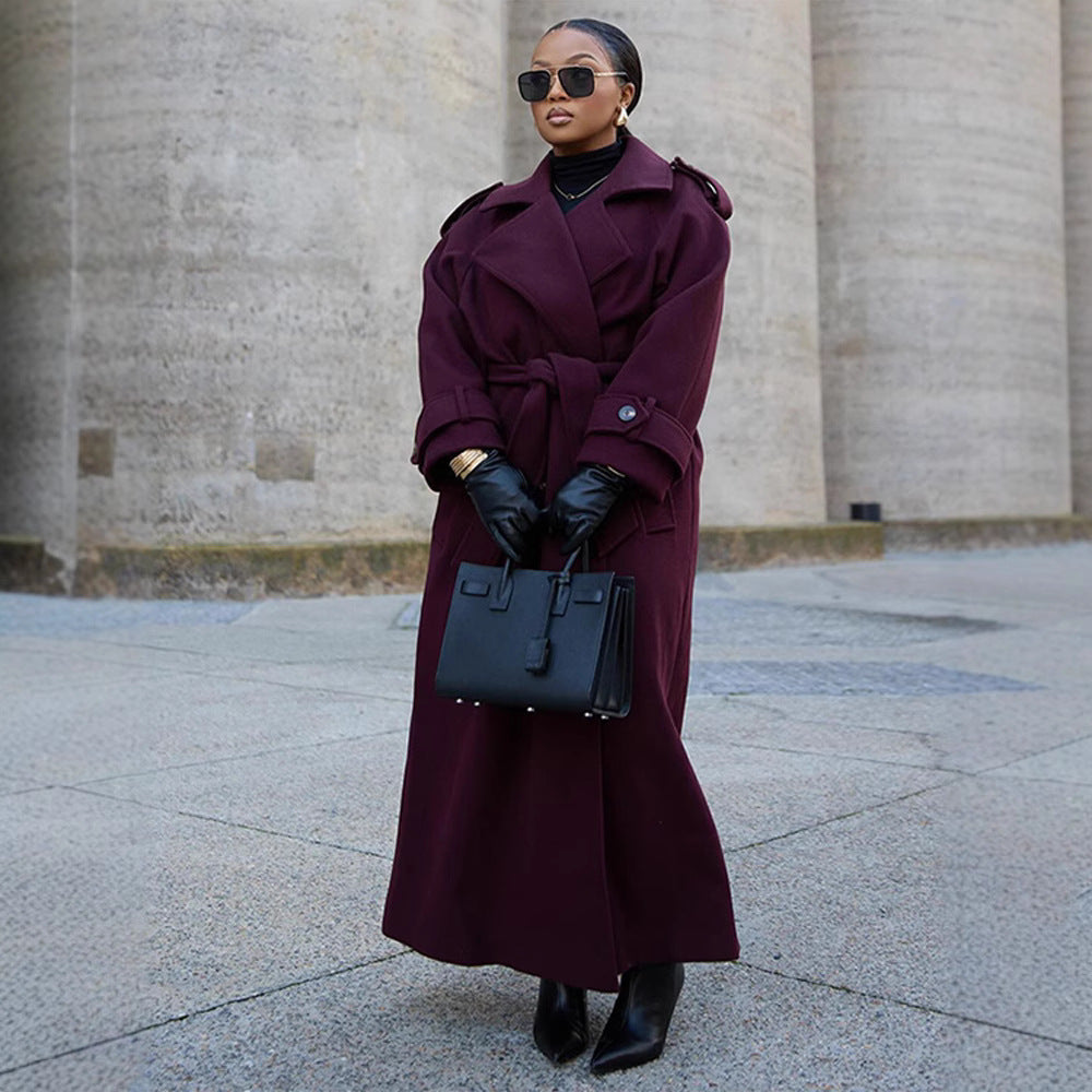 Long Women's Coat - Double-Breasted, Belted, Classic Lapel, Long Sleeves