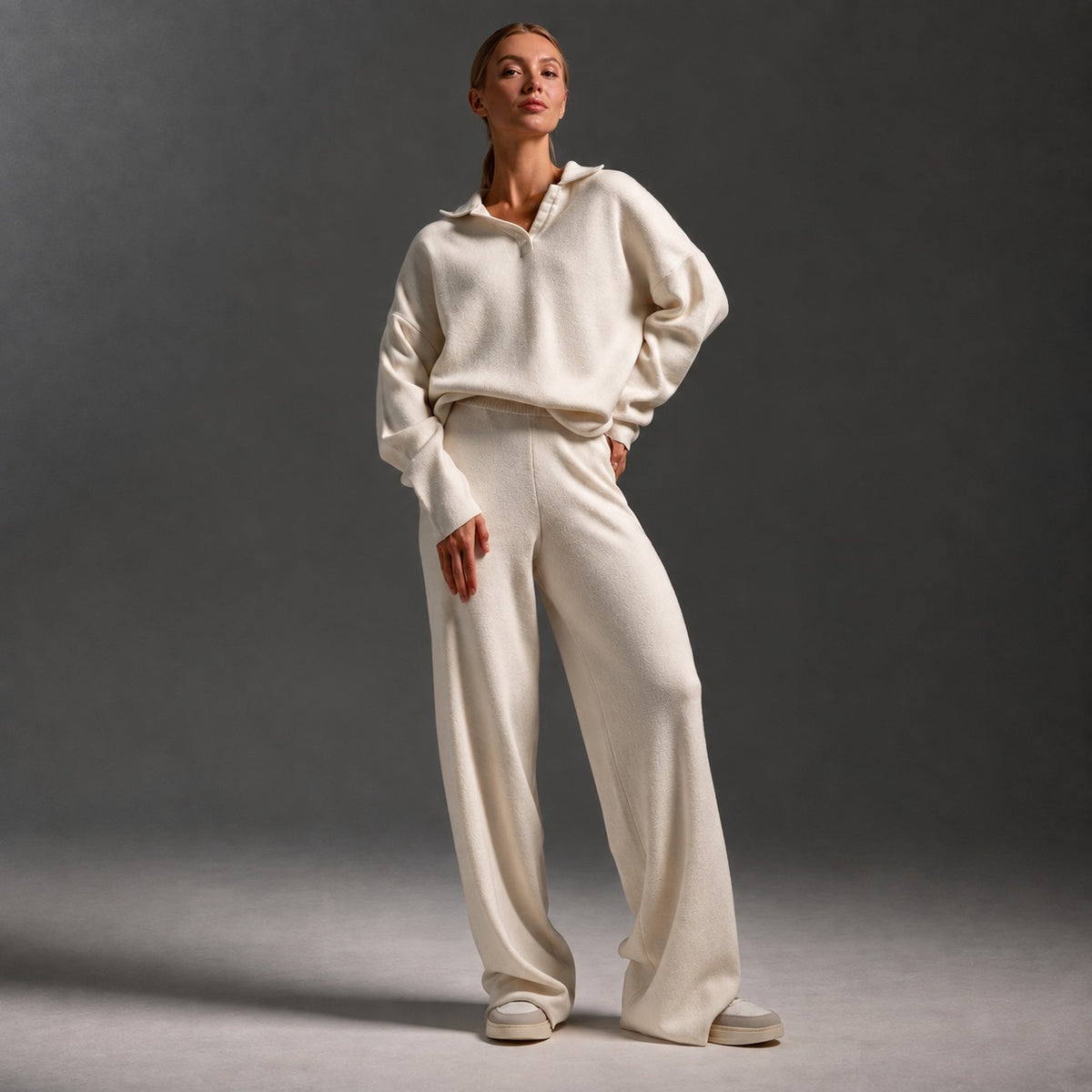 Loungewear Set Women - Polo Neck, Long Sleeve, Relaxed Fit, Wide Leg Pants