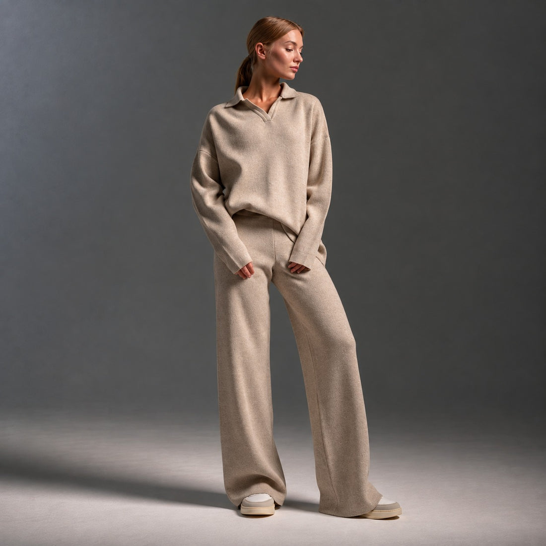 Loungewear Set Women - Polo Neck, Long Sleeve, Relaxed Fit, Wide Leg Pants