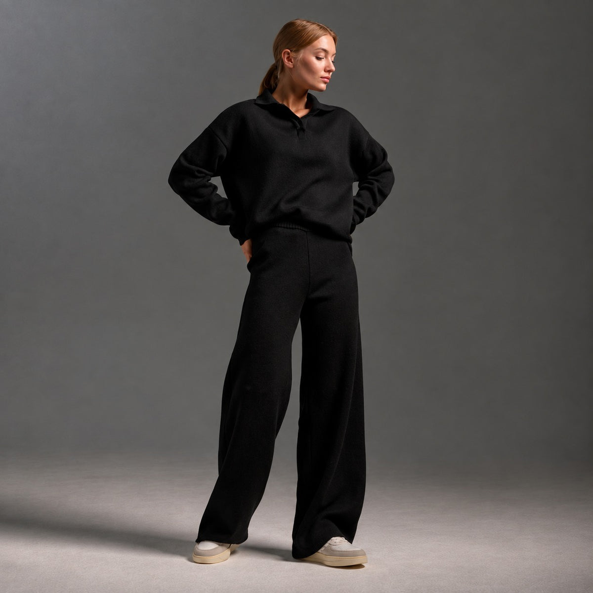 Loungewear Set Women - Polo Neck, Long Sleeve, Relaxed Fit, Wide Leg Pants