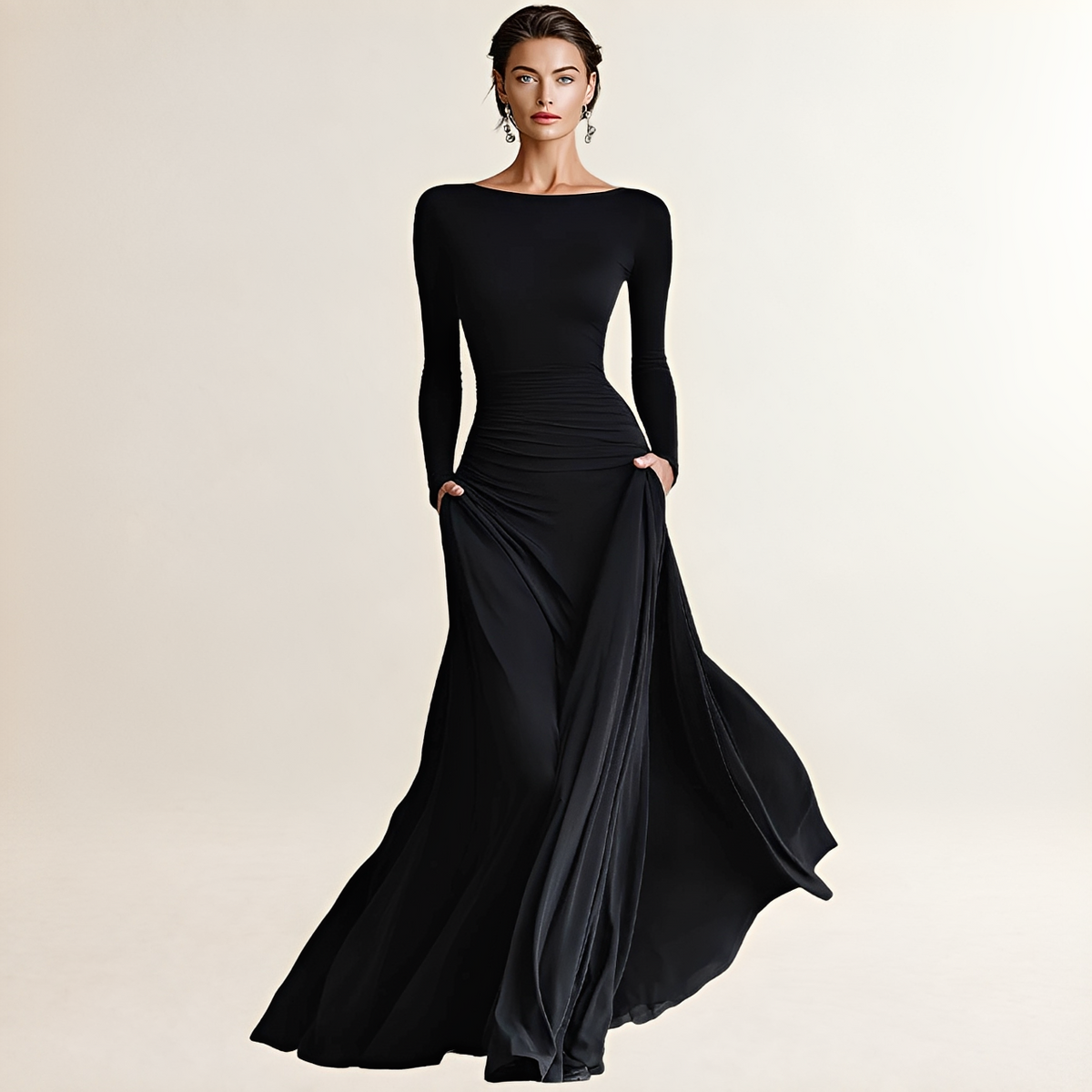 Maxi Dress for Women Boat Neck Long Sleeve Ruched Waist Fitted Bodice Side Pockets Full Flowing Skirt
