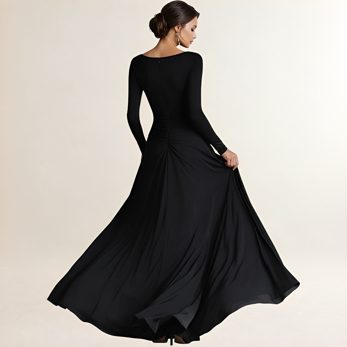 Maxi Dress for Women Boat Neck Long Sleeve Ruched Waist Fitted Bodice Side Pockets Full Flowing Skirt