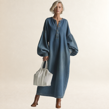 Maxi Dress for Women Button-Down with Balloon Sleeves Relaxed Fit