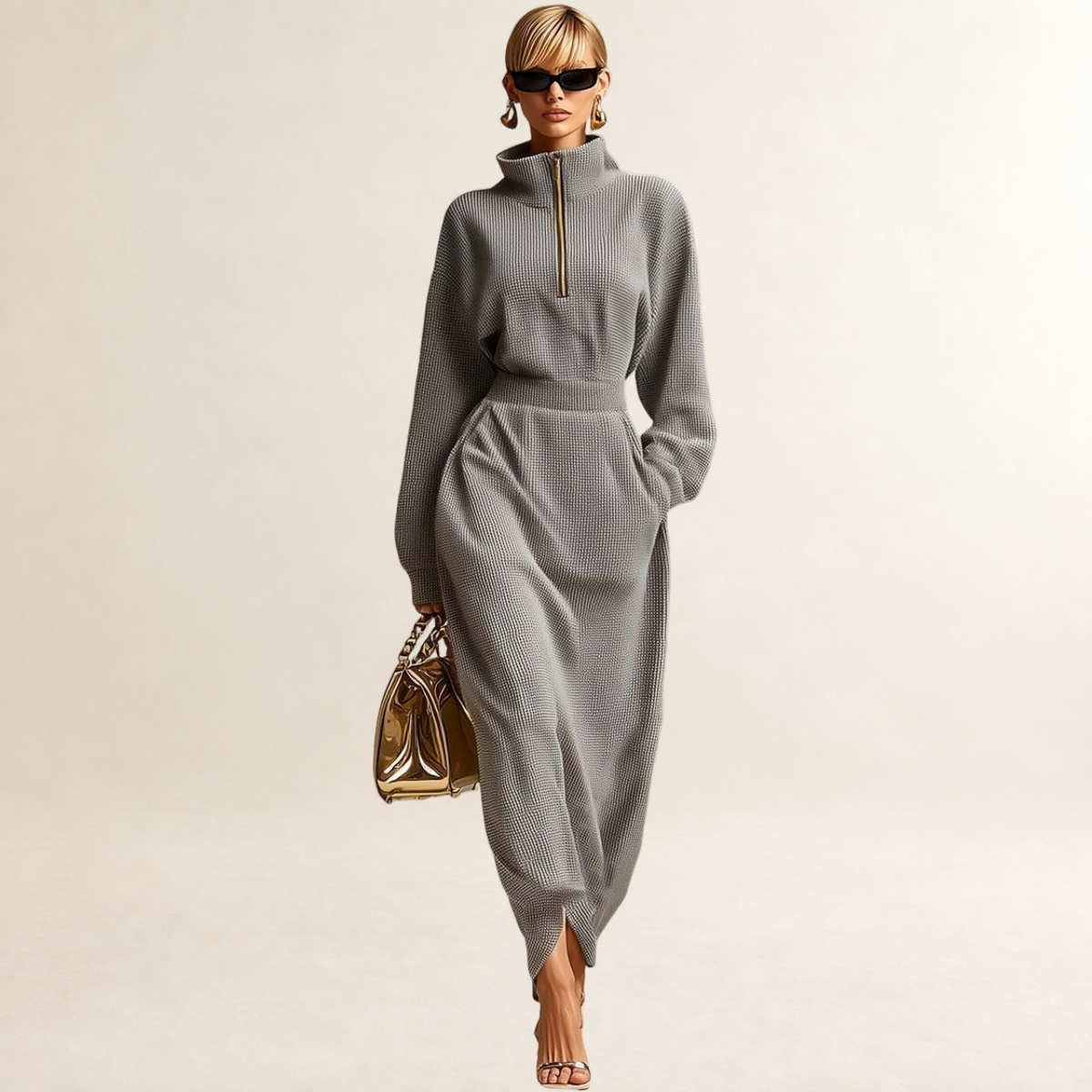 Maxi Dress for Women Mock Neck Front Zipper Long Sleeve Relaxed Fit