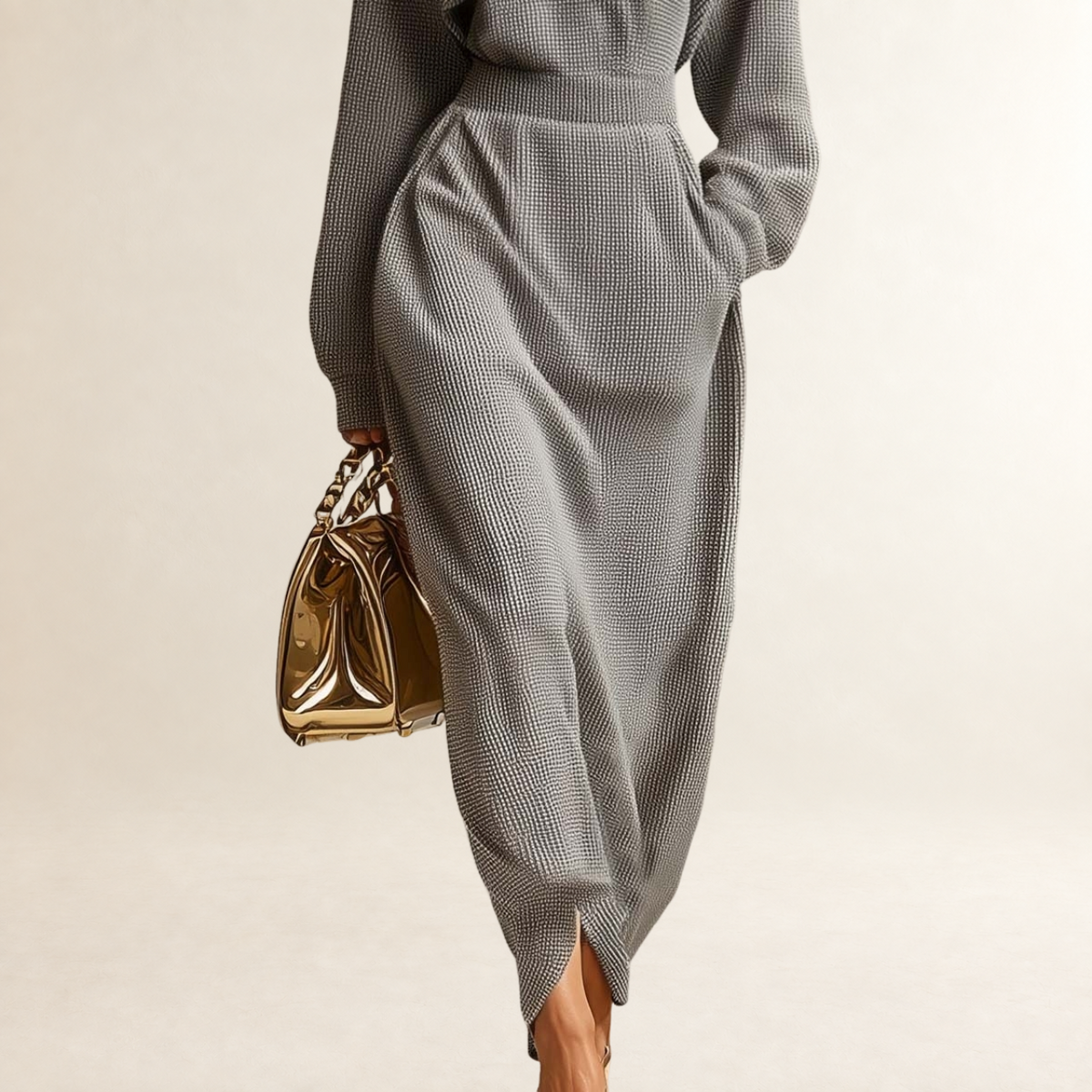 Maxi Dress for Women Mock Neck Front Zipper Long Sleeve Relaxed Fit