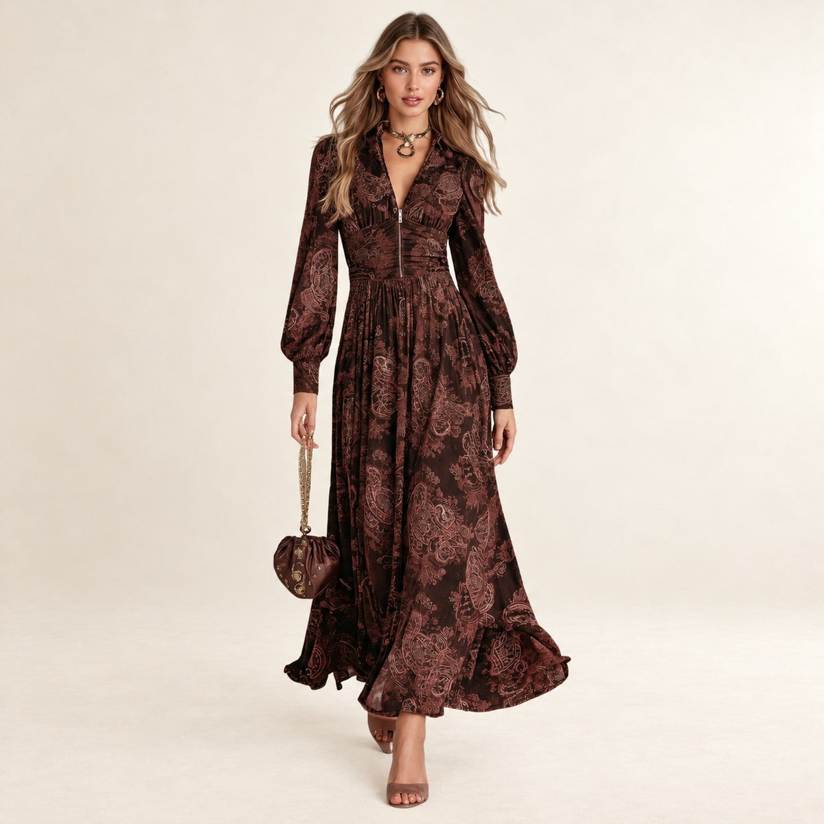Maxi Dress for Women Zip-Front Collared V-neck, Long Sleeve, Ruched Waist, Paisley Print