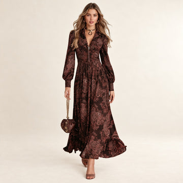 Maxi Dress for Women Zip-Front Collared V-neck, Long Sleeve, Ruched Waist, Paisley Print
