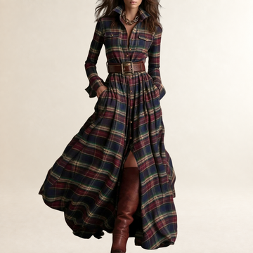Maxi Dress Women Lapel Plaid Design with Belt - Relaxed Fit