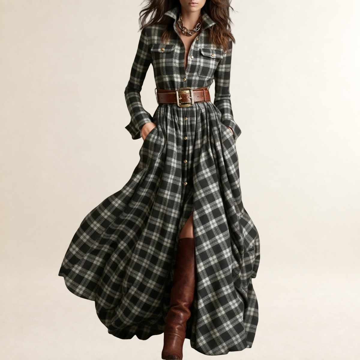 Maxi Dress Women Lapel Plaid Design with Belt - Relaxed Fit