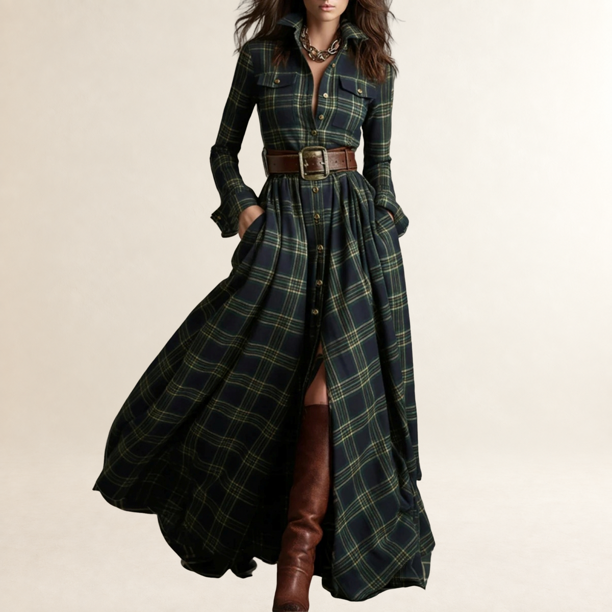 Maxi Dress Women Lapel Plaid Design with Belt - Relaxed Fit