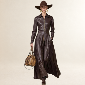 Maxi Dress Women Long Sleeve Front Zipper A-Line Silhouette
