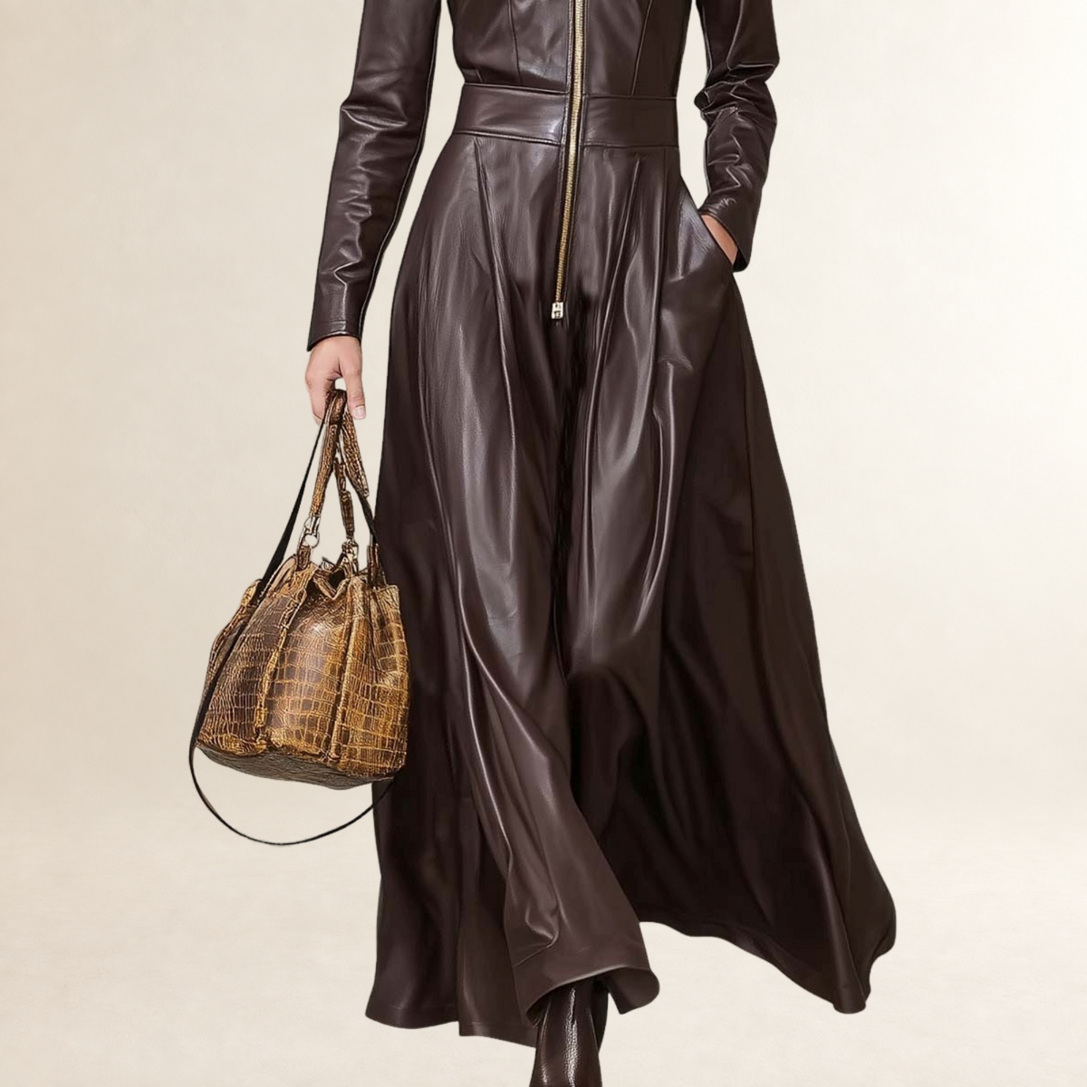 Maxi Dress Women Long Sleeve Front Zipper A-Line Silhouette