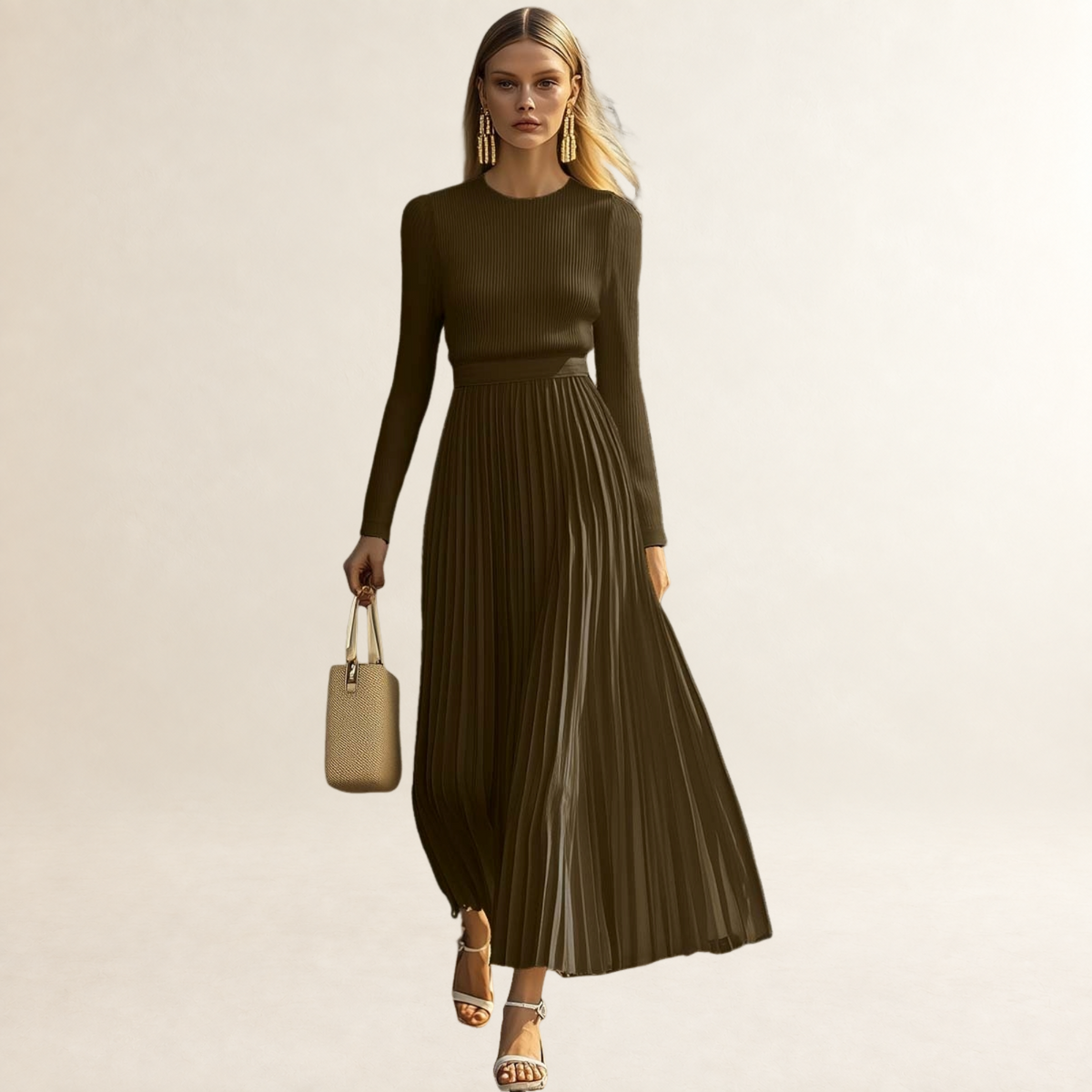 Maxi Dress Women Long Sleeve Pleated Design - Fitted Silhouette