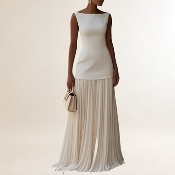 Maxi dress, women's boat-neck sleeveless with fitted bodice and pleated floor-length skirt