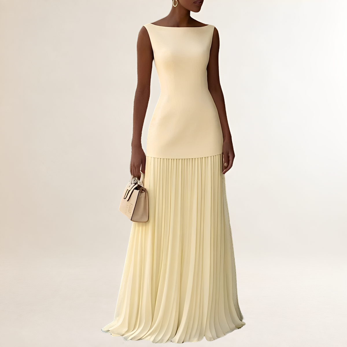 Maxi dress, women's boat-neck sleeveless with fitted bodice and pleated floor-length skirt