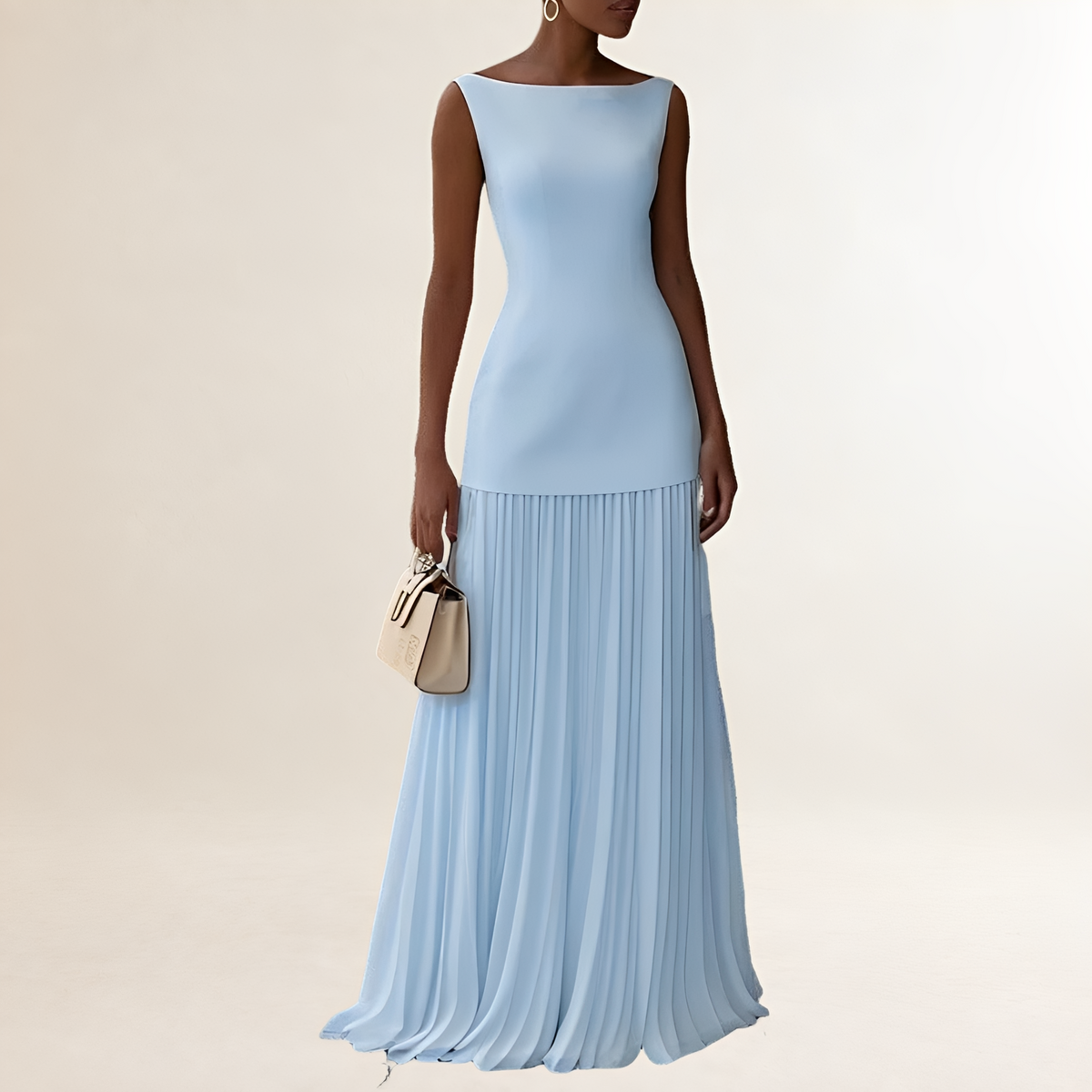 Maxi dress, women's boat-neck sleeveless with fitted bodice and pleated floor-length skirt