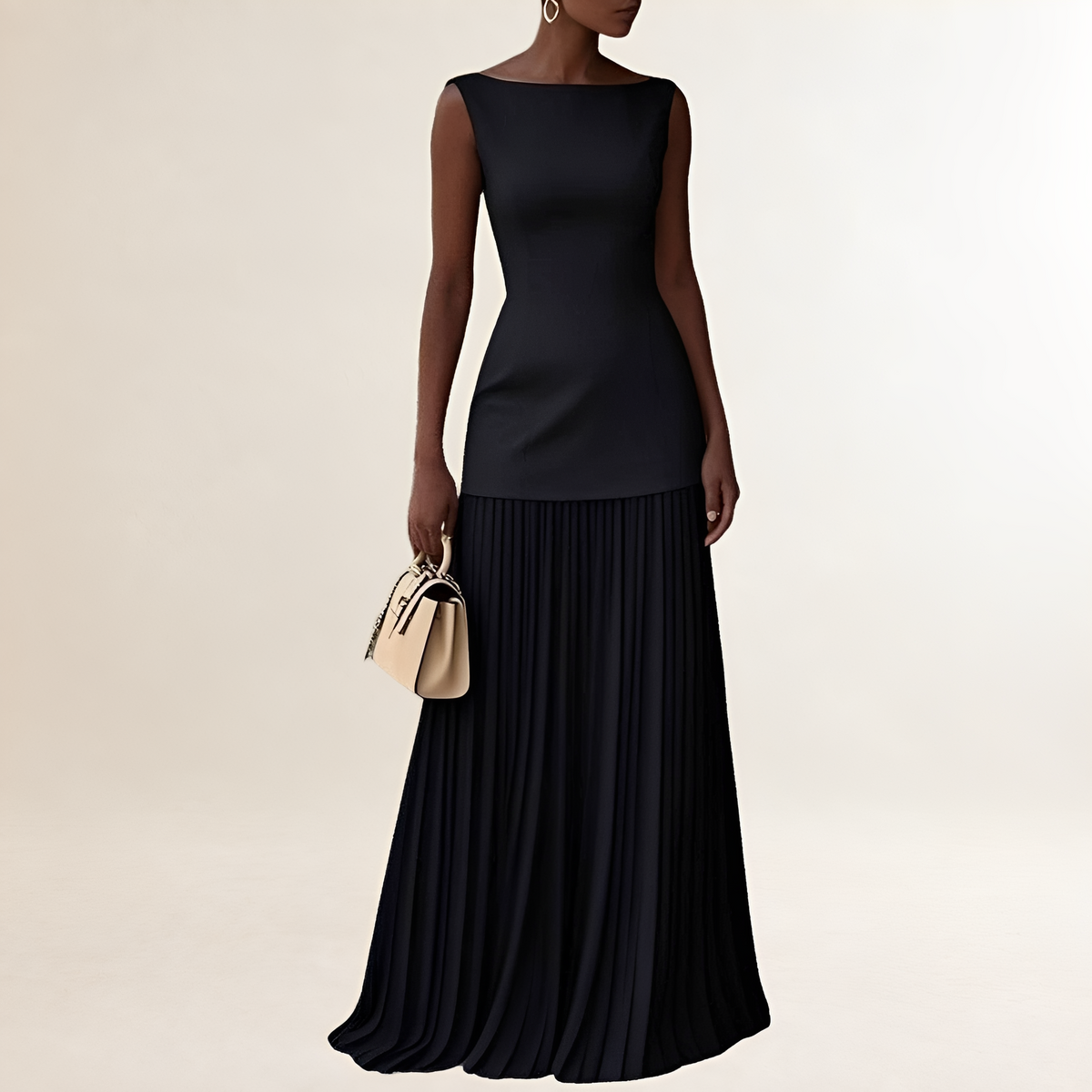 Maxi dress, women's boat-neck sleeveless with fitted bodice and pleated floor-length skirt