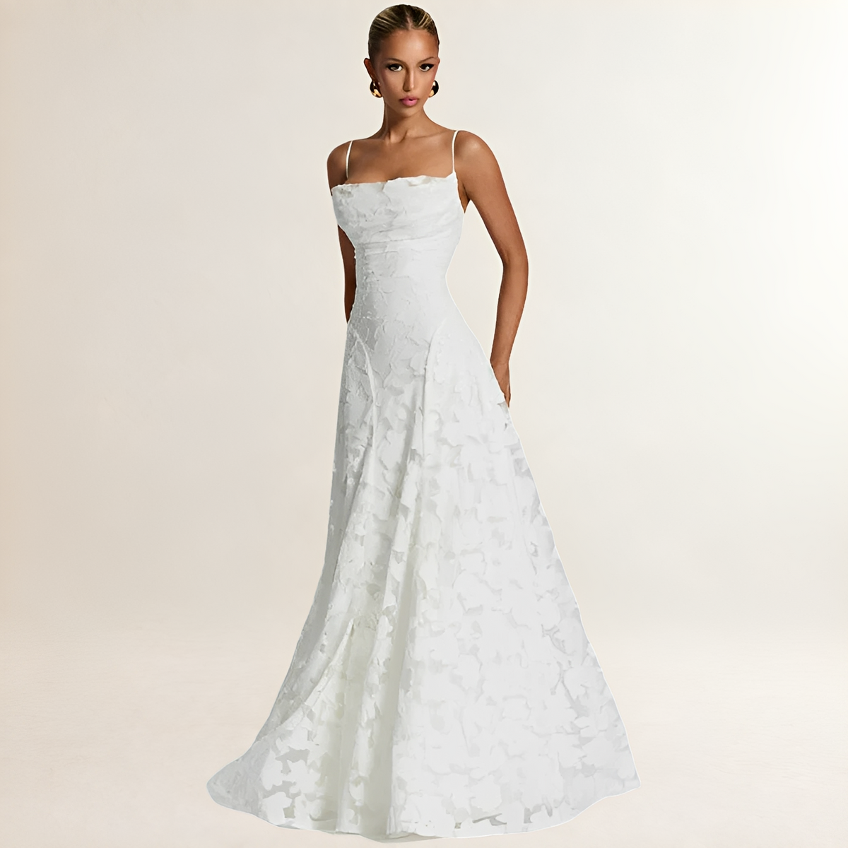 Maxi dress, women's corset top with spaghetti straps and lace-up open back, floral textured A-line skirt