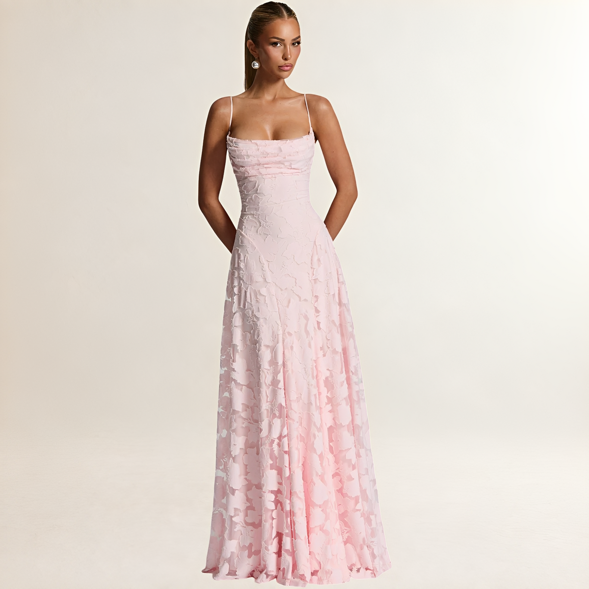 Maxi dress, women's corset top with spaghetti straps and lace-up open back, floral textured A-line skirt