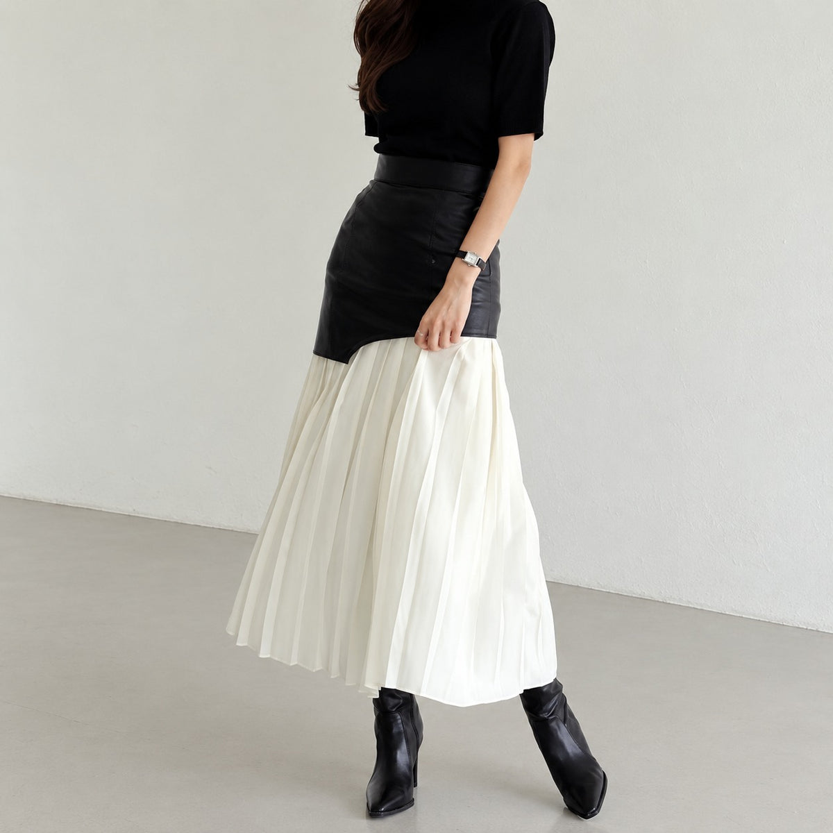 Maxi Skirt for Women - Asymmetric Pleated Design with High Waist, Regular Fit