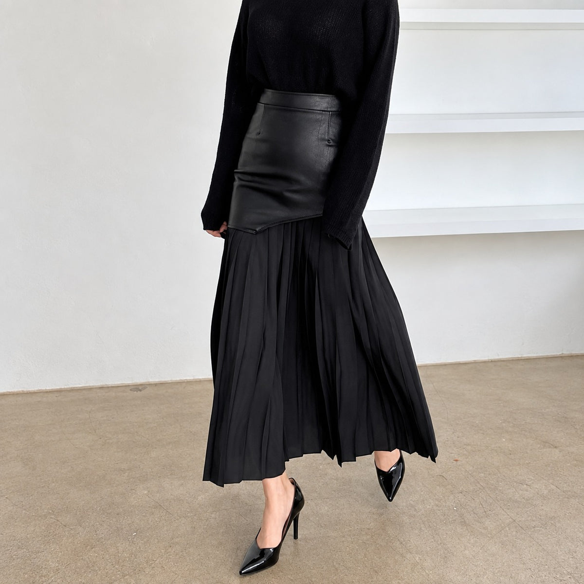 Maxi Skirt for Women - Asymmetric Pleated Design with High Waist, Regular Fit