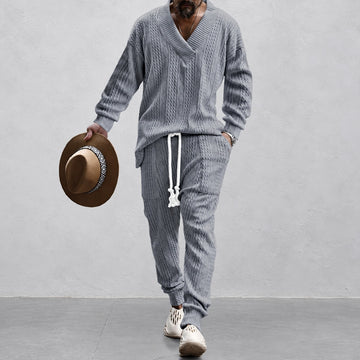 Men's Athleisure Set - V-Neck Long Sleeve Top with Drawstring Pants, Relaxed Fit