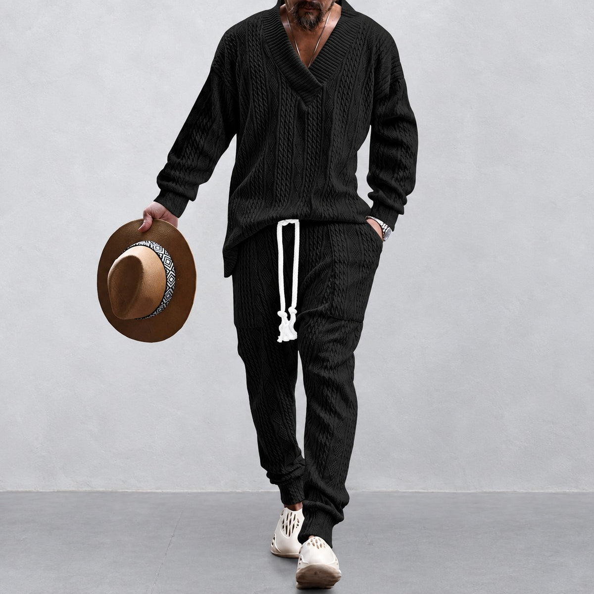 Men's Athleisure Set - V-Neck Long Sleeve Top with Drawstring Pants, Relaxed Fit