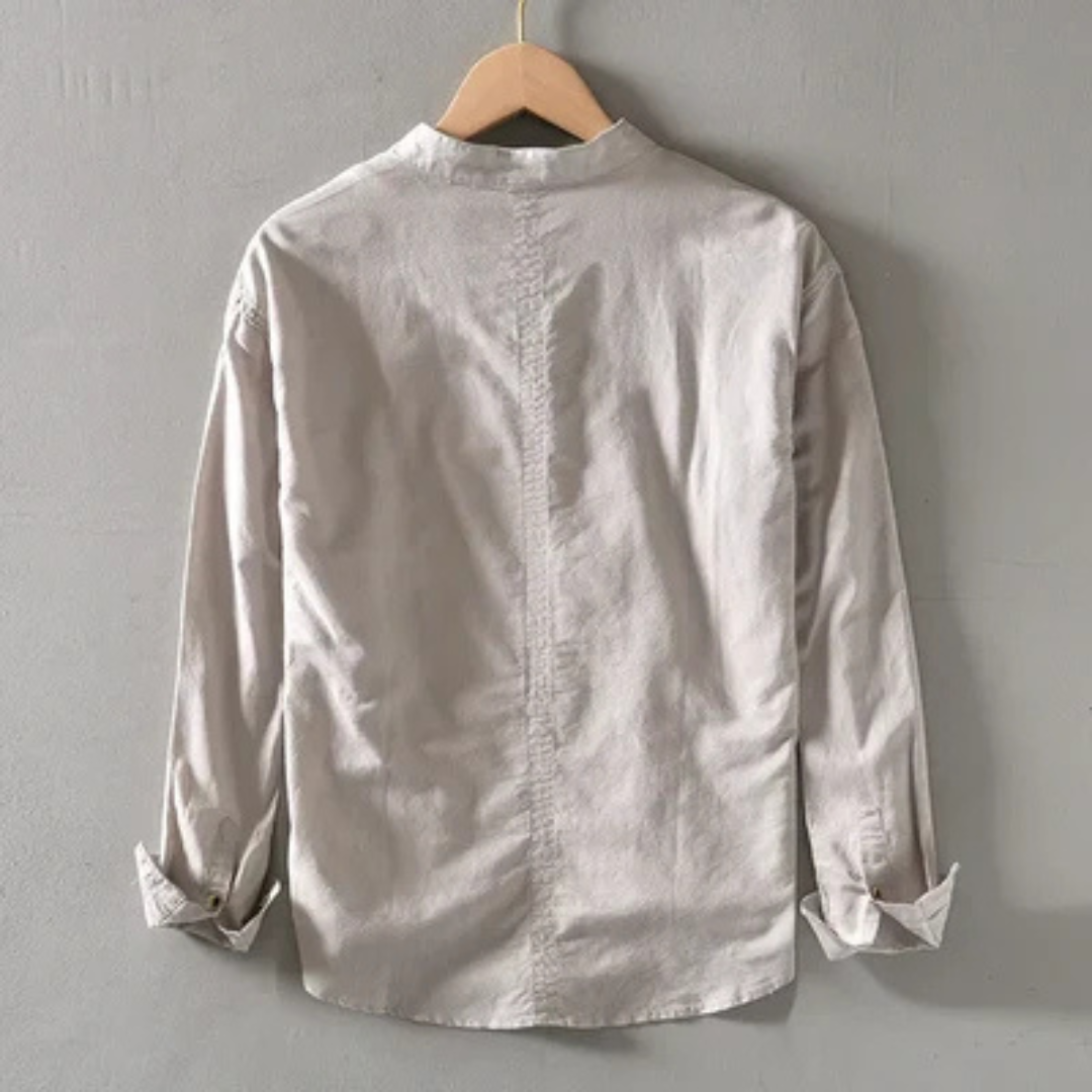 Men's Band-Collar Long-Sleeve Shirt, Four-Button Placket, Relaxed Fit