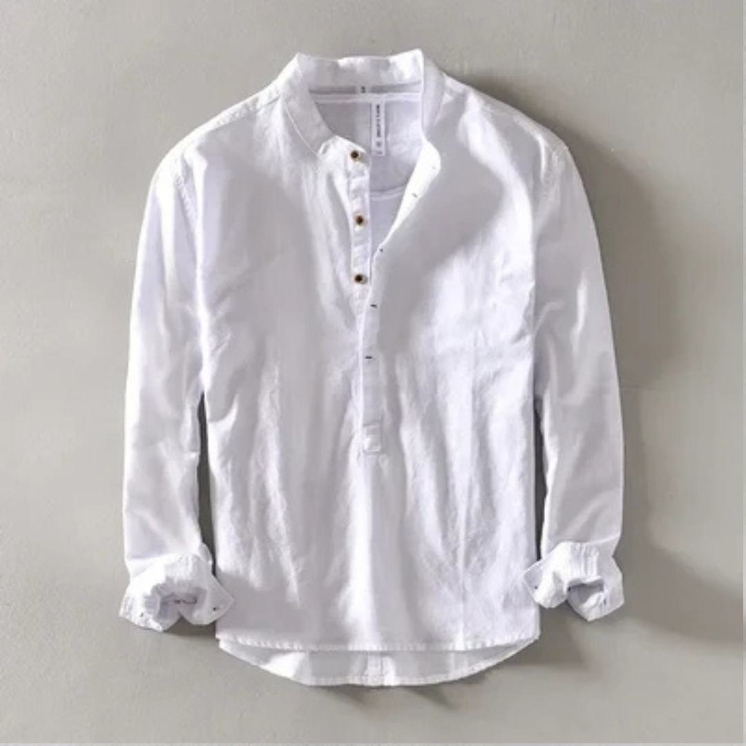Men's Band-Collar Long-Sleeve Shirt, Four-Button Placket, Relaxed Fit