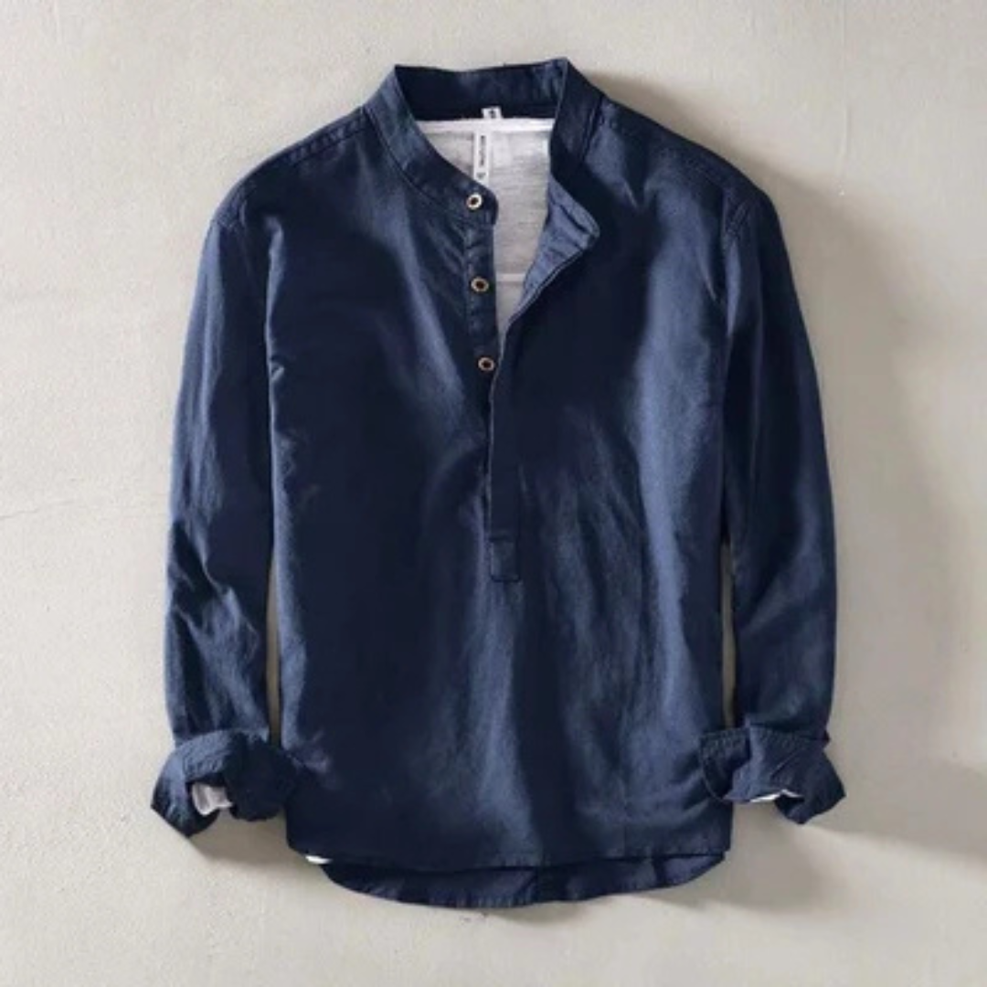 Men's Band-Collar Long-Sleeve Shirt, Four-Button Placket, Relaxed Fit