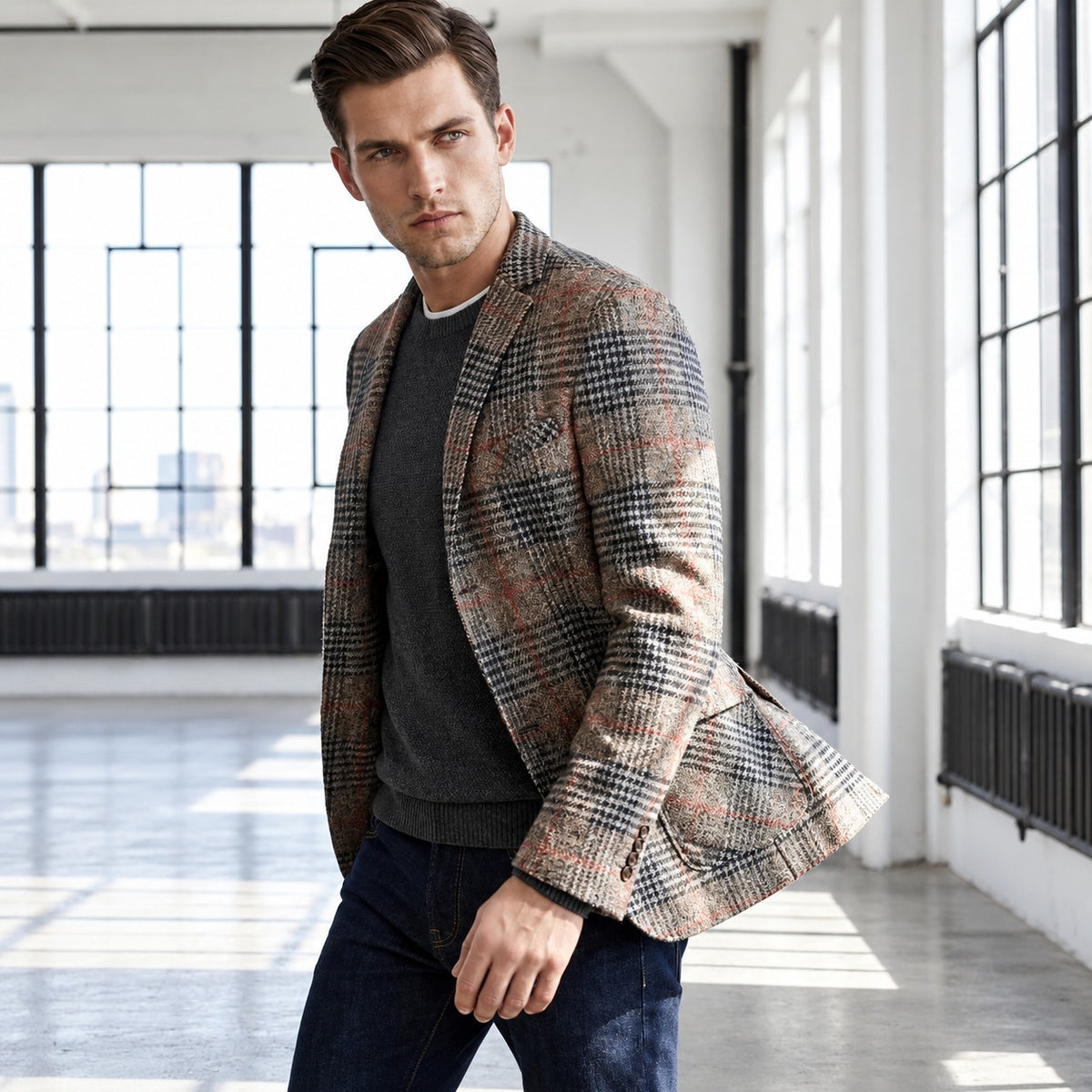 Men's Blazer Glen Plaid Pattern Soft Shoulder Relaxed Fit - Patch Pockets