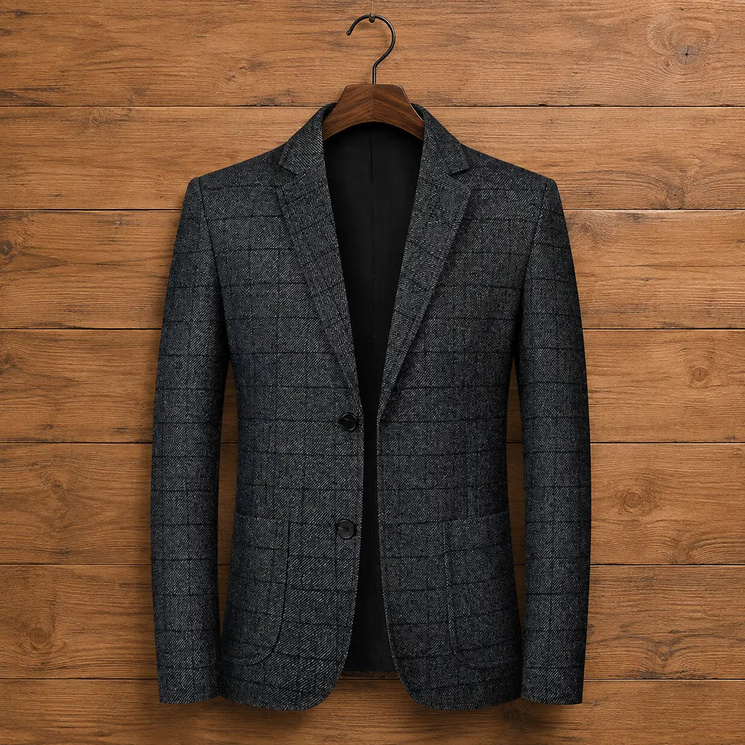 Men's Blazer Textured Check Pattern - Single-Breasted, Two Button Closure, Regular Fit