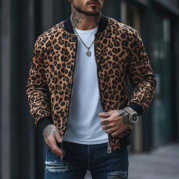 Men's Bomber Jacket Leopard Print Regular Fit Zip Closure