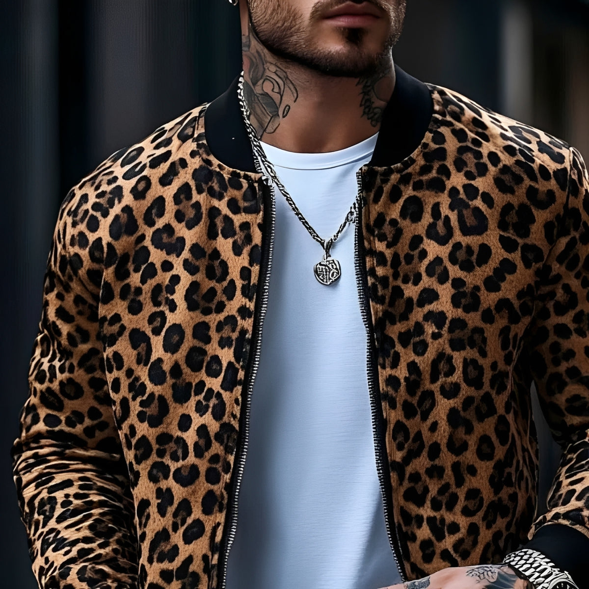 Men's Bomber Jacket Leopard Print Regular Fit Zip Closure