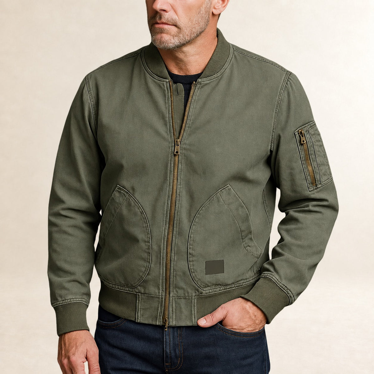 Men's Bomber Jacket with Utility Pocket and Ribbed Cuffs - Classic Fit