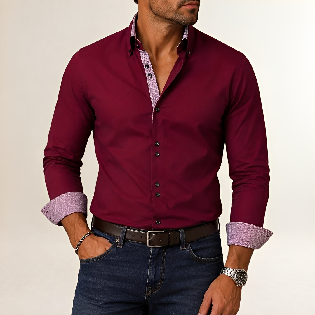 Men's Button Down Dress Shirt - Contrast Trim, Long Sleeve, Tailored Fit