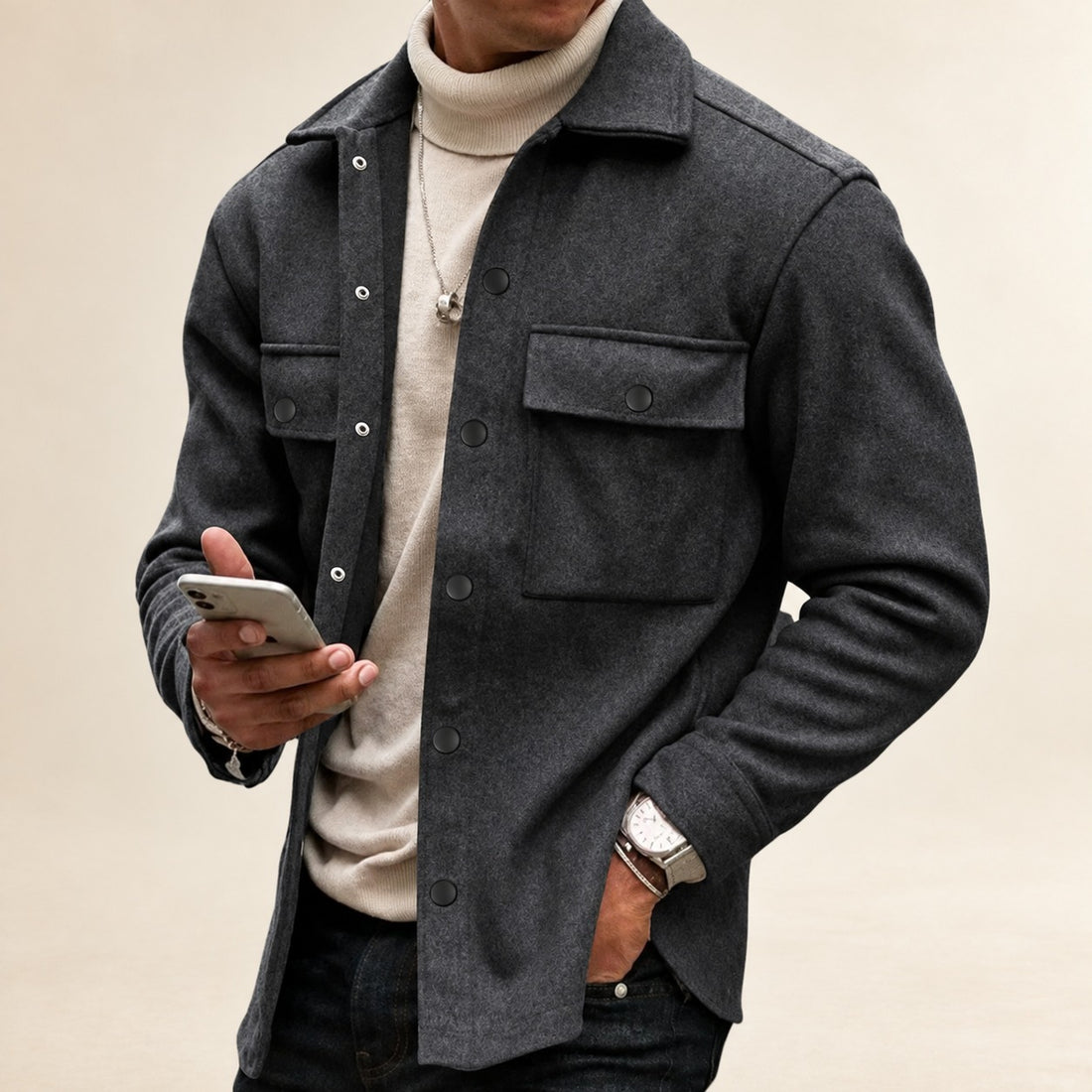 Men's Button-Up Jacket with Pockets - Casual Fit Long Sleeve Outerwear