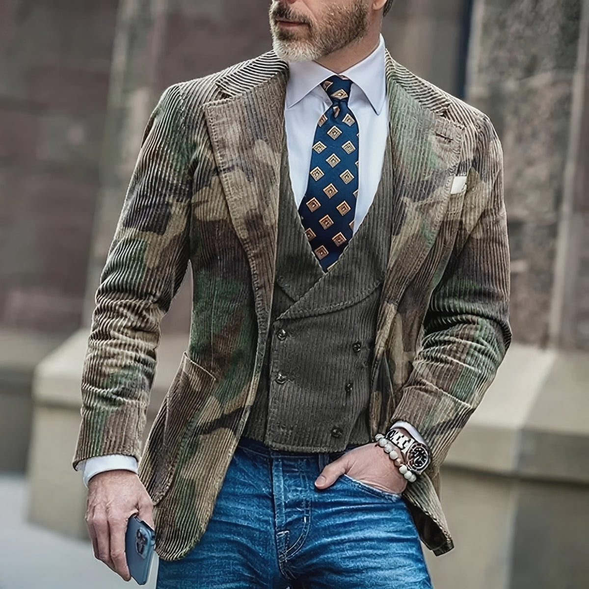 Men's Camouflage Single Breasted Blazer - Tailored Fit, Button Closure