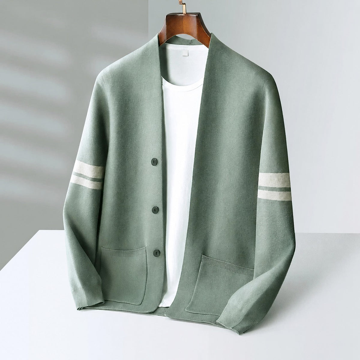 Men's Cardigan - Button Closure, Contrast Stripes, Relaxed Fit