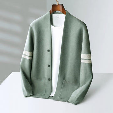 Men's Cardigan - Button Closure, Contrast Stripes, Relaxed Fit