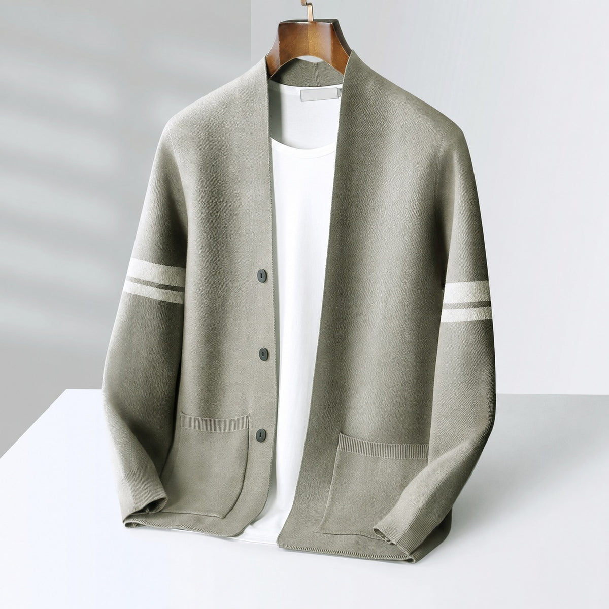 Men's Cardigan - Button Closure, Contrast Stripes, Relaxed Fit