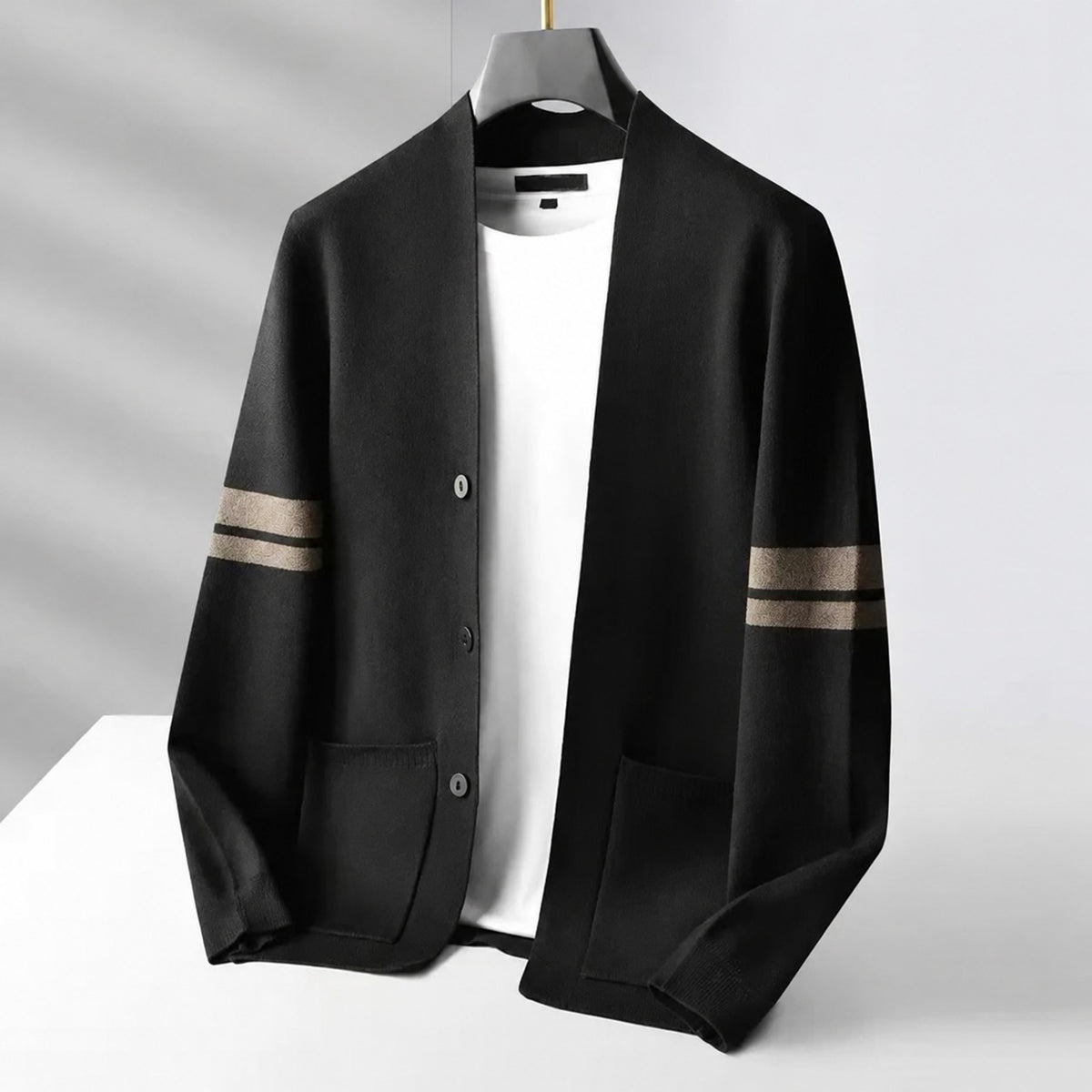 Men's Cardigan - Button Closure, Contrast Stripes, Relaxed Fit