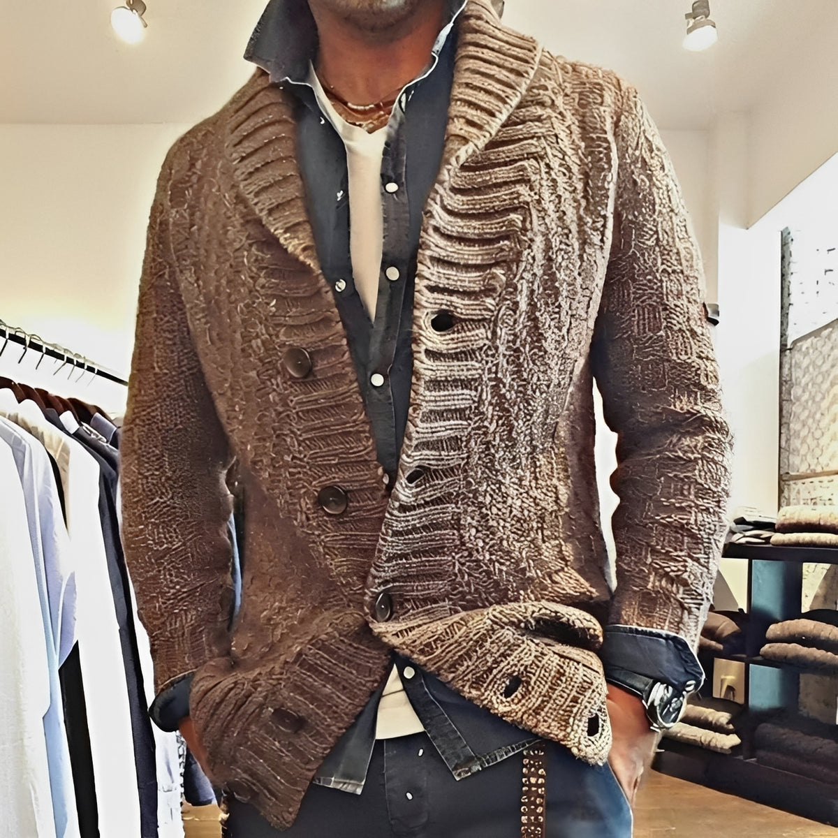 Men's Cardigan Jacket with Shawl Collar - Button Closure, Relaxed Fit
