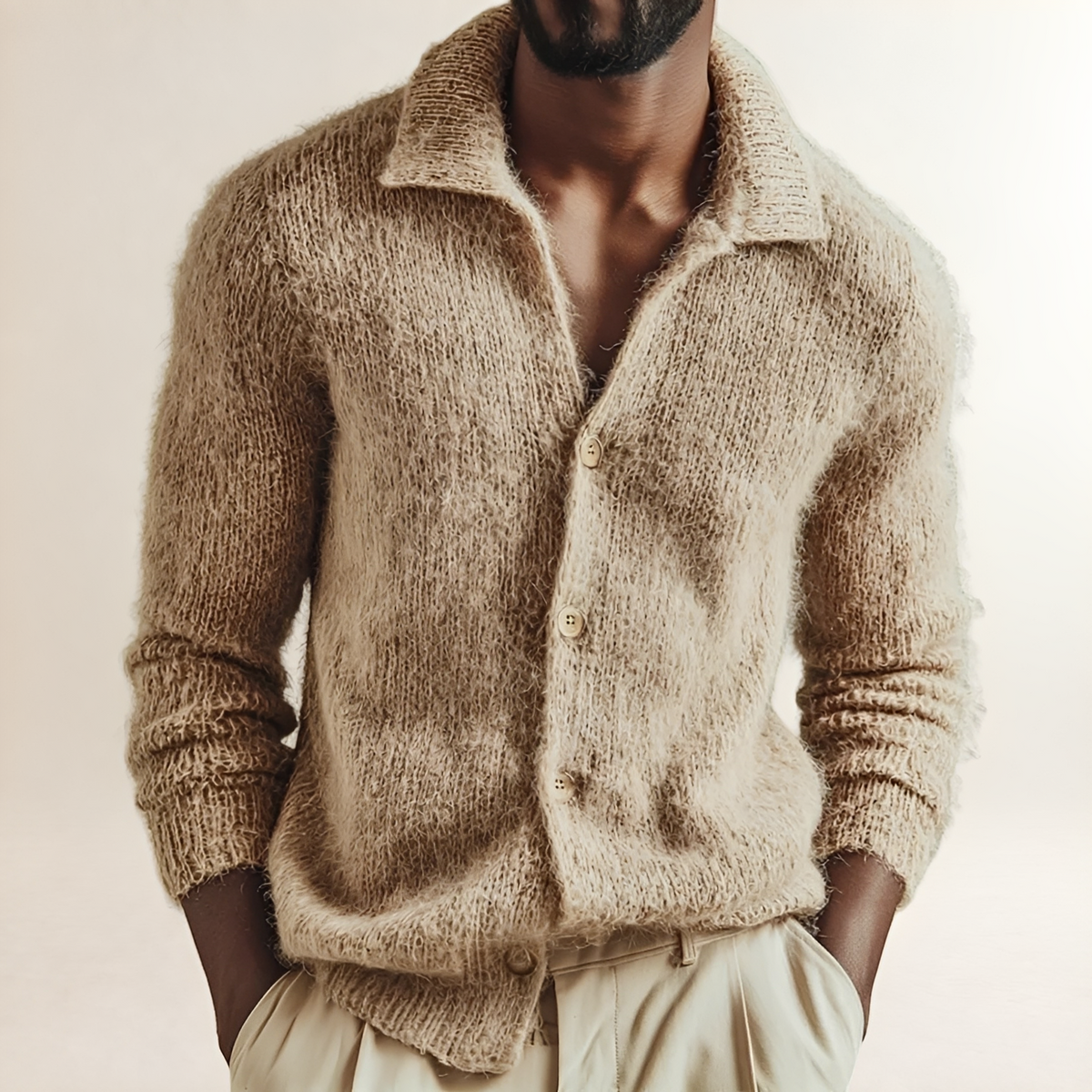 Men's Cardigan Retro Lapel Sweater with Button Closure - Regular Fit