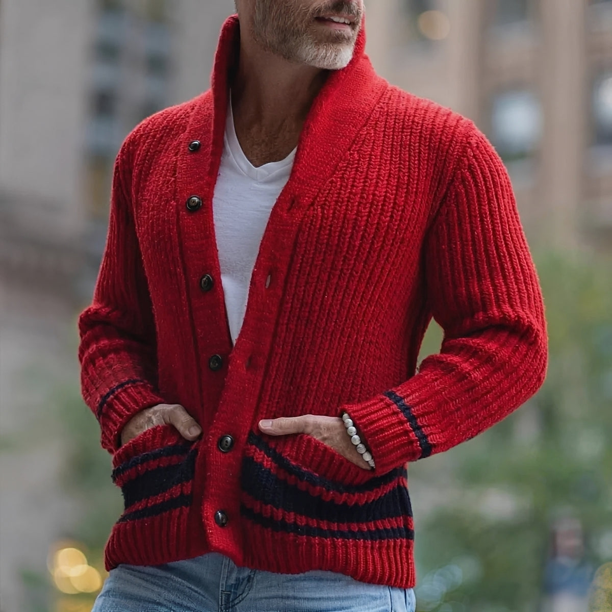 Men's Cardigan - Shawl Collar, Single-Breasted, Tailored Fit, Dual Pockets